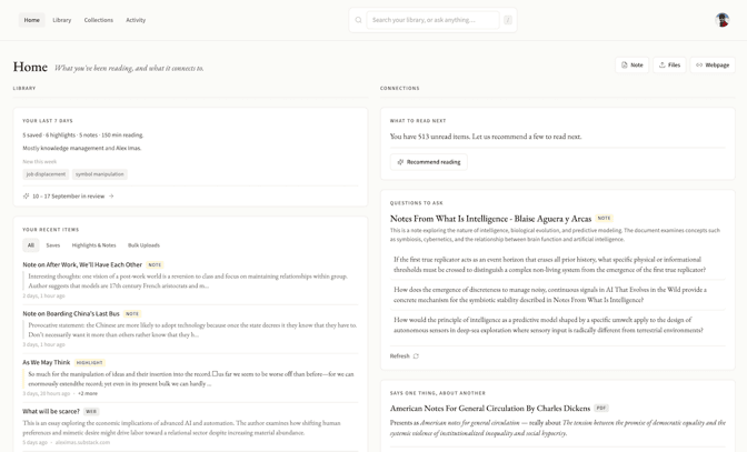 Everett's home page: a summary of the last seven days, a list of recent items, what to read next, and questions to ask about a saved paper.
